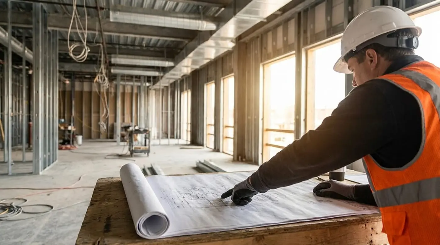 A construction manager viewed from behind, reviewing blueprints inside a bright, partially finished commercial building.