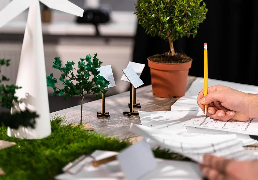 Engineer sketching renewable energy blueprints beside miniature wind turbine and solar panel models.